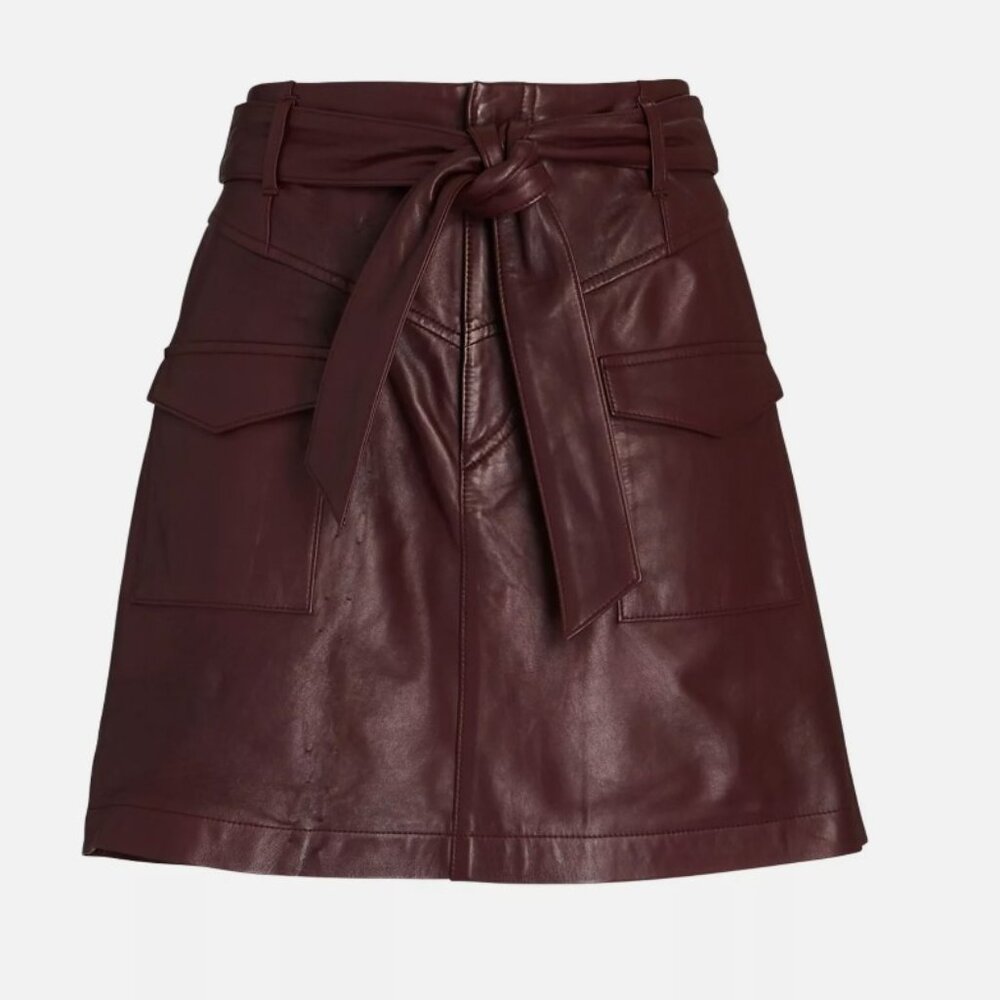 INTERMIX Garnet Leather Mini Skirt with Belt and Pockets, size 0